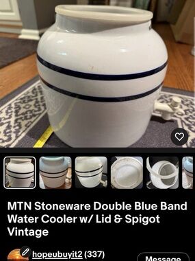 White Water Cooler with Double Blue Band and Spigot